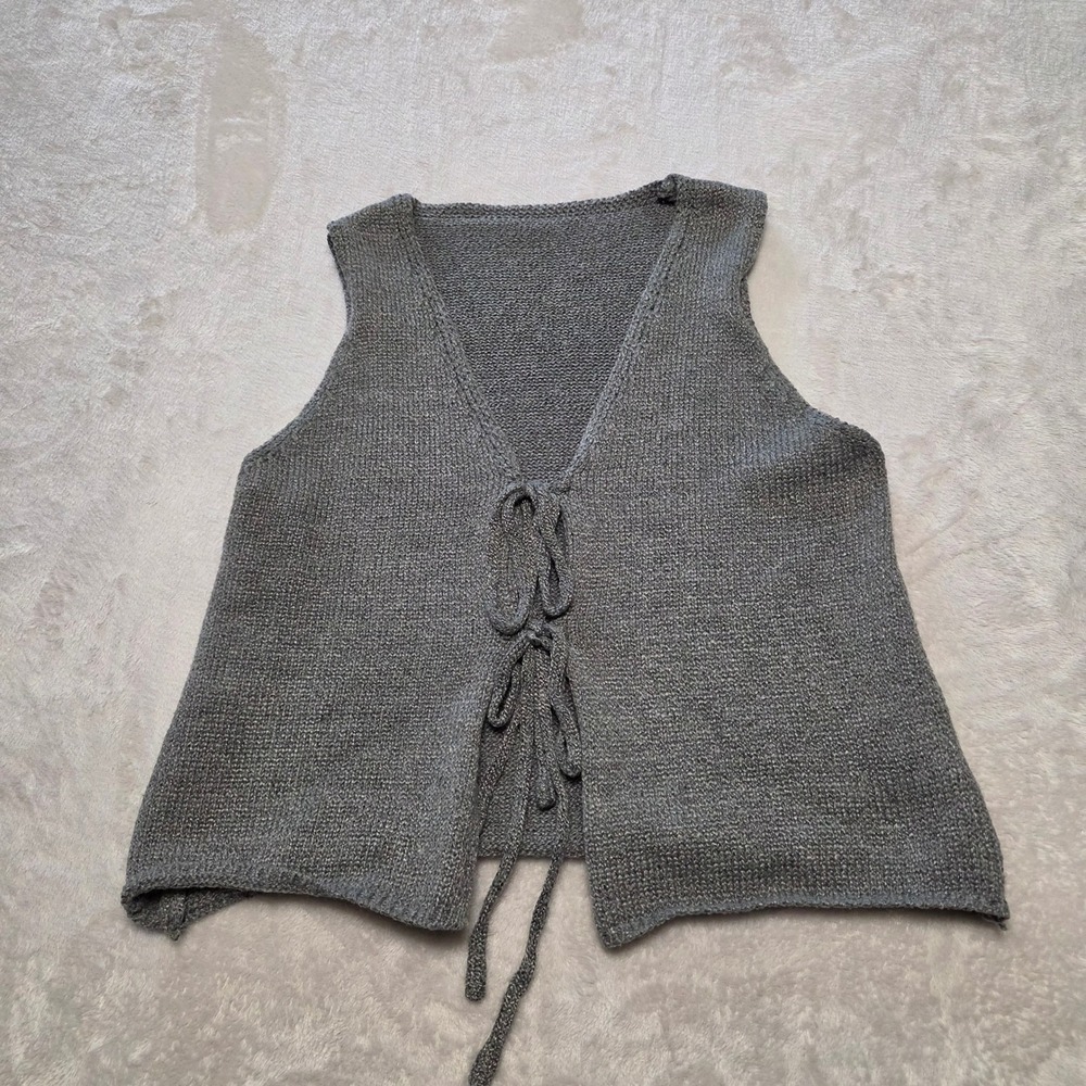 Gray Knit Tie Front Vest Sleeveless Cardigan Coquette Balletcore S
